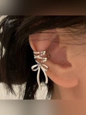 Silver Bow Wrap with CZ Accent | Adjustable Statement 2pc Ear Cuffs